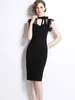 Casual Dresses Sexig svart spetsskärmning av blyerts klänning kvinnor design o-hals ihålig ärmlös vintage smal mantel fest sommar
