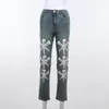 Jeans pour femmes Jeans2024 taille haute clou personnalisé motif imprimé tube droit rue mode d'été décontracté polyvalent