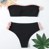 Kvinnors badkläder Söta kvinnor Flower Bikini Swimsuit Svart stropplös kort tvåbitar kvinnlig sexig mitten av midjan baddräkt