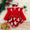 Conjuntos de roupas de Natal Romper para meninas infantis Ruffles Manga Longa Xadrez Papai Noel Imprime Bowknot Born Bodysuits Headbands Set Xmas Gift