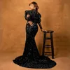 African Arabic Aso Ebi Prom Dresses Black Evening Dresses Long Sleeves Mermaid High Neck Women Formal Dresses Illusion Gala Sequined Second Reception Gowns NL534