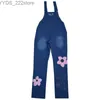 Jeans Denim Blue Jumpsuit Rompers Belted Printing Out Pocket Overall Female Jumpsuit 240304
