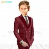 Bourgogne ed Lapel Boys Suit Set Children Prom Formal Blazer Pants Two Pieces Wedding Flower Kid Slim Fit Tuxedo Outfits 240304