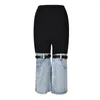 Dames tweedelige broek denim patchwork jas dames jeans hoge taille recht PU lederen gesp mode streetwear trend broeksets