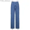 Джинсы ALLNeon Уличная одежда Мешковатые джинсы в клетку Argyle Y2K Aesthetics Синие джинсовые брюки с высокой талией Vintage Indie Skater 240304