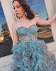 Printed Floral Prom Dress Sweetheart Fitted Bodice Layered Ruffled Lady Pageant Winter Formal Evening Gown Special Occasion Gala Wear Lilac Aqua Dreamsicle Multi