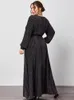 Vêtements ethniques Femmes Eid Musulman V Cou Lanterne Manches Robes Ramadan Maroc Ceinture Rayée Kaftan Islam Slim Fit Robe De Soirée Arabe Casual