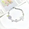 Link Bracelets Pink Rose Bracelet Handmade Fairy Core Gift For Her Glass Butterfly Charm Y2K Fashion Female Jewelry