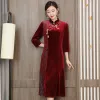 Klänning 2023 Ny mode Golden Velvet Dress Women's Autumn/Winter Improved Qipao 3/4 Sleeve Loose Fit Casual Party Dress Vestidos