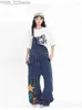 Jeans Jeans Loose Straight Strap Blue Denim Hip Hop Suspender Trousers Streetwear Female Print Jumpsuit 240304