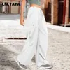 Calça Feminina CM.Feminino fashoin bolso lateral cordão cintura ruched carga reta 2024 feminino streetwear ativo safari