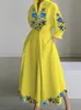 Vintage Cotton Linen Dresses Women Summer Elegant Lapel Oil Painting Button Midi Dress Vestidos Streetwear Party Vestido 240226
