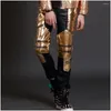 Scene Wear Nightclub Bar Singer Golden Black Male Pants Leather Trouserslead Dance Jazz Performance Costum