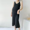 ドレス新しい妊婦編み長いドレスエレガントなマタニティ服2023春秋のカジュアルなノースリーブvneckスリムセータードレス
