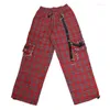 Damesbroek Rode Plaid Cargo Gothic 2024 Herfst Y2K Trouser Elastische taillezakken Metalen ketens Ringen Streetwear