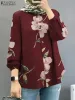 Топы, богемная рубашка с цветочным принтом, женская блузка с лацканами и длинными рукавами ZANZEA Дубай Турция Абая Хиджаб Blusas Мусульманские топы Исламские топы