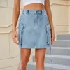 Jupes Mode Bleu Profond Cargo Denim Jupe Femmes Été Couleur Unie Taille Haute Bandage Avec De Grandes Poches Mini Vêtements De Rue