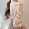Blusas femininas elegantes bordados rendas flor pétala manga oca gola túnica primavera sólida camisa branca topo para mulher