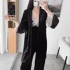 Women's Sleepwear Autumn Velvet Sling Three-piece Set Pajamas Lace Trim Bath Robe Nightgown Loose Casual Velour Solid Home Clothes