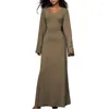 Casual Dresses Solid Color A-line Dress Elegant U Neck Long Sleeve Maxi With Slim Fit Design Lace Up Back Strap For Women