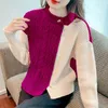 Kobiety swetry jesienne zima kontrast kolor mody swetra długiego rękawu Women Street High Street swobodne luźne guziki splotowe pulloczyki