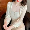 Women's Blouses 2024 Spring Summer Ladies Lace Shirts Sweet Long Flare Sleeve Beaded Collar Womens Short Cardigans Female Blouse Sunscreen