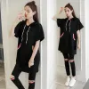 Suits Women's Suit Korean Style Summer New 5xl Plus Size Clothing Short Sleeve Tshirt Xlong Hooded Tops and Pencil Pants 2 Piece Set