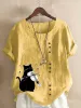 Bluse Elegante Gitarre Musik Katze Druck Baumwolle Leinen Hemd Sommer Frauen Casual Kurzarm ONeck Knopf Blume Pullover Mode straße