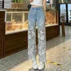 Damenjeans Jeanshose Frau und Caprihose gerades Bein mit Strass transparente Spitze Grunge Frühlingshose Hose 240304