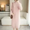 Uzun Kollu Alt Örgü Elbiseler Sonbahar Kış Sıcak Kore Belktlenek Düz Kazak Elbiseler Kadınlar Günlük Diz Uzunluğu 240301