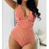 Women's Swimwear Summer Sexy Striped One Piece Swimsuit Closed Female Push Up Body Swim Wear Bathing Suit Beach Pool Bather 2024