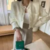 Cardigans Korean Fashion Pocket Cropled Cardigan Kobieta na dzianina o szyja długie rękaw kardany żeńskie proste stały kolor SWETER