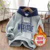 Autumn Winter Boys Hoodies Solid Color Letter Print Foder Plush Thick Warm Casual Pullover For 4-14Y Kids Handsome Sweatshirt 240301