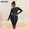 Casual Dresses CM.YAYA Women Diamonds Rhinestones Striped Bodycon Midi Stand Neck Black Dress 2024 Autumn Sexy Party Club Vestidos