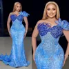 Abiti da ballo taglie forti della Nigeria africana per occasioni speciali Abiti da cerimonia da sera con sirena azzurra in pizzo Strass decorati Abito di fidanzamento di compleanno NL585