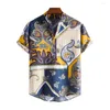 남성용 캐주얼 셔츠 기하학적 패턴 셔츠 턴 다운 고리 짧은 슬리브 단일 가슴 디자인을위한 다채로운 인쇄 여름