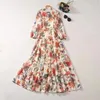 Casual Dresses European och American Women's Clothing 2024 Hösten Tre-fjärdedel ärm Stativ Collar Floral Print Belt Fashion Pleated Dress