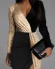 Luxury High Waist Party Evening Midi Dresses for Women Elegant Black Gold Sequins Patchwork Long Sleeve Prom Slit Dress 240227