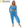 Stage Wear Femmes Belly Dance Performance Outfit Thème Party Carnaval Costume Split Manches longues Crop Top avec des pantalons en mousseline de soie à pois pailletés