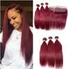 Braziliaans wijnrood Echt haar 3 bundels met frontaal steil 99J bordeaux rood haarweefselbundels met 13x4 volledige kanten voorkant7947989