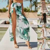 Cover-up Women Beach Bikini Cover Up Leaves Print Pareo Chiffon wrap kjol Sarong Scarf Beachwear Bathing Suit Beachwear Baddräkter