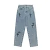 Men's Jeans Men Vintage Star Embroidered Wide Leg With Zipper Closure Hip Hop Streetwear Long Pants For A Stylish Look