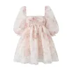 Sukienka Yenke 2023 Sweet Princess Floral Print Organza sukienka vintage puff rękawa kwadratowa szyja panie mini bajkowa szata