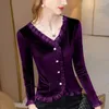 Women's Blouses Autumn Winter Soft Solid Color Buttons Tops Slim V-neck Ladies Tshirt Long Sleeve Interior Lapping Pleated Clothing