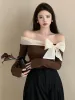 Pullovers Off Shoulder Sweater Women Y2k Clothes Ladies French Style Elegant Sexy Slim Stretch Pullovers Spring Autumn Bow Slash Neck Tops