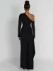 Giyim Seksi Siyah Maxi Elbise Eğik Omuz Sırtsız Yüksek Bölünmüş Bodycon Elbise Resmi Elbise Zarif Parti Kadınlar İçin Gece Elbiseleri