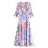 Robe Boho Inspired Frill VNeck 100% viscose boho robe imprimé floral longue robe d’été à manches courtes taille élastique robe de vacances femmes