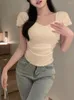 Kvinnors blusar Kvinnor Elegant Office Blus Slim Evening Party Y2K Lady Crop Top Solid Casual Short Sleeve Shirt Korean Fashion 2024 Summer