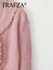 Cardigan TRAFZA Cardigan delicato da donna 2024 Primavera tinta unita rosa maniche lunghe scollo a V bottoni increspato monopetto adorabile maglione versatile