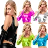 Badkläder pu metallisk blank läder halter snör upp hög midja bikini tunika skjorta latex våtlook sommar tank skörd topp bh + handskar kvinnor